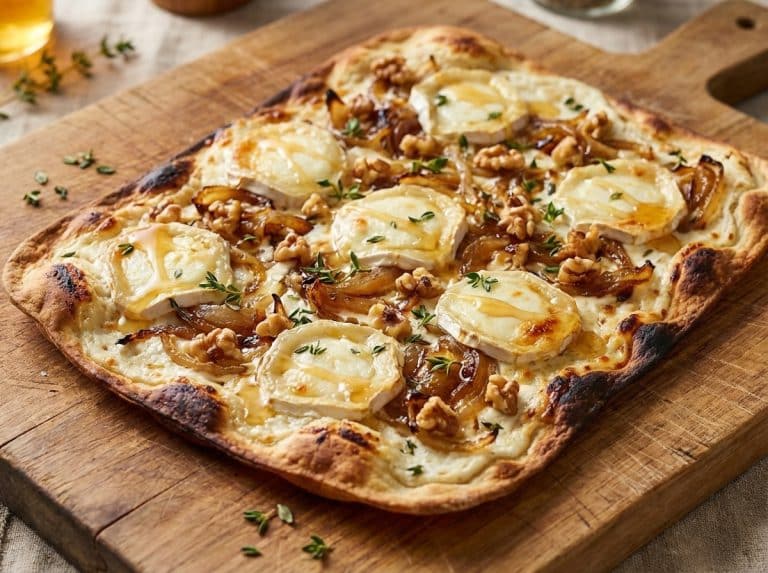 Flammekueche au chèvre et miel avec noix et thym