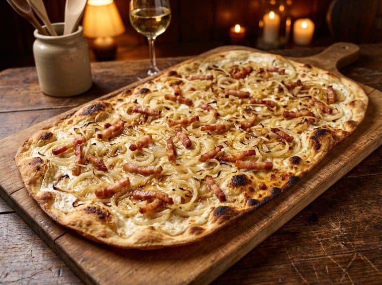 Flammekueche traditionnelle avec crème fraîche, oignons émincés et lardons fumés