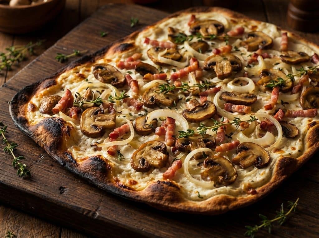 Flammekueche forestière aux champignons, crème et lardons