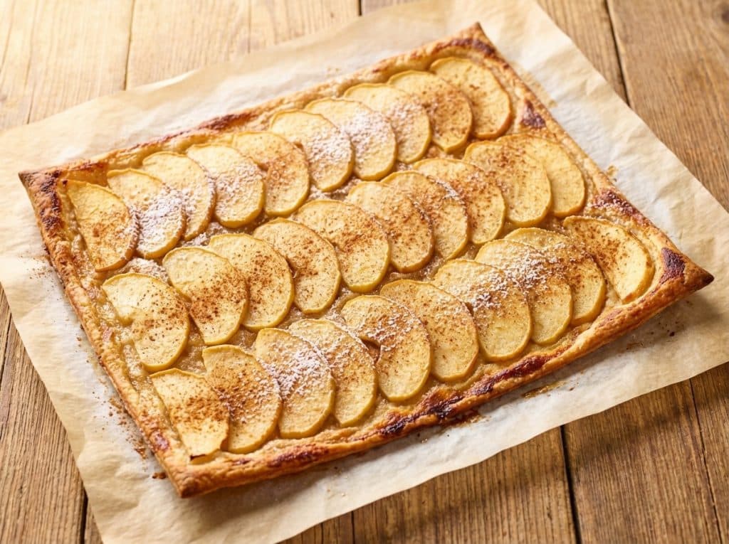 Flammekueche sucrée aux pommes et cannelle, saupoudrée de sucre glace