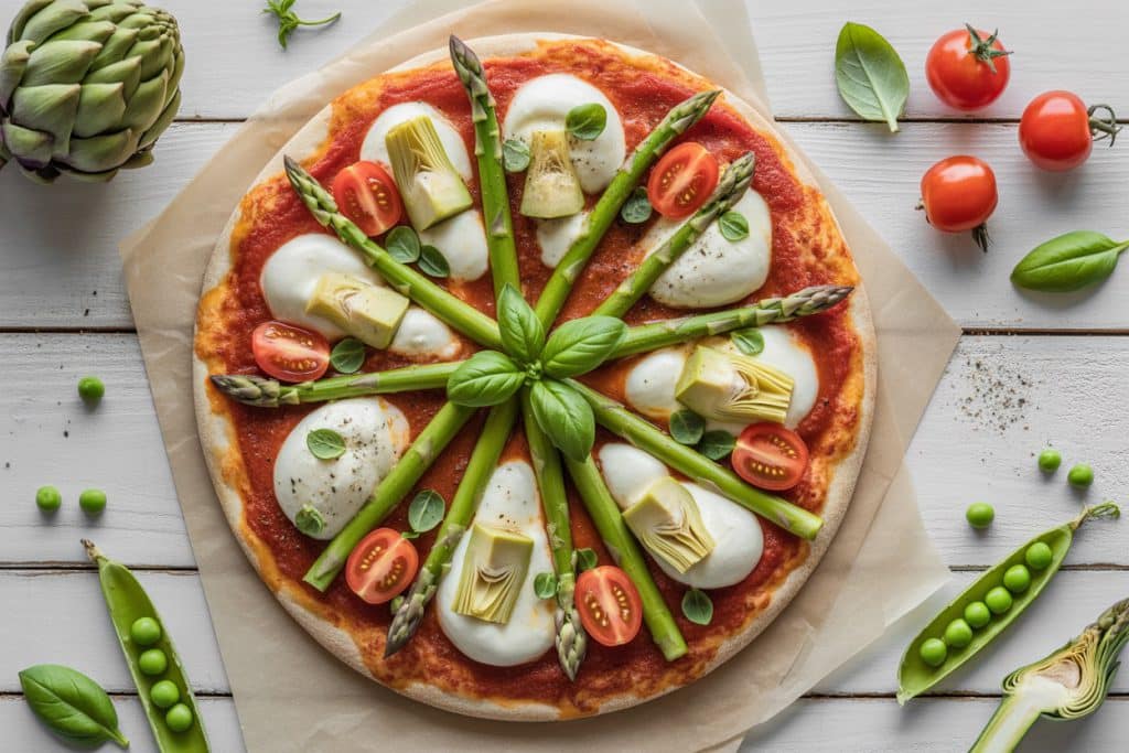 Pizza primavera aux légumes de printemps